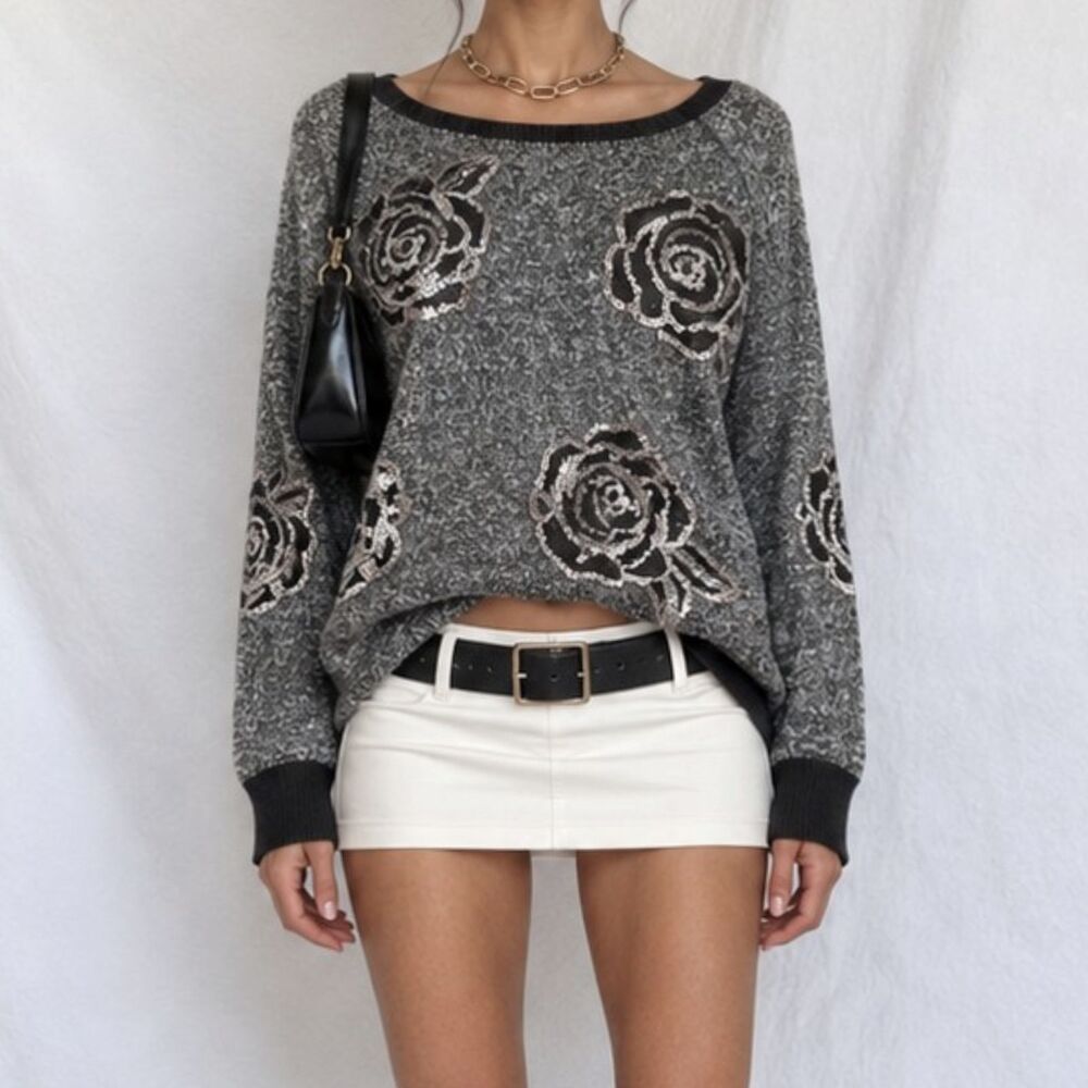 Vintage Y2K Gray Black Sequin Floral Sequin Embellished Sweater Top Size S